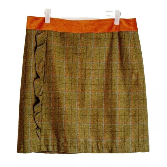 J. Mclaughlin Wool Plaid Skirt Sz 12 Olive Green Ruffle L Academia Autumn Preppy - Picture 1 of 11